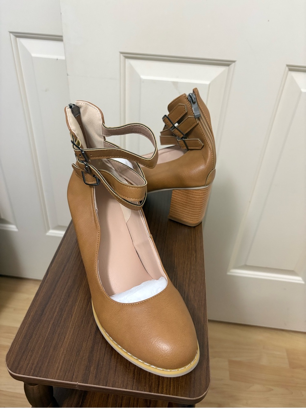 Women’s Tan Block Heel Double-Ankle Strap Pumps